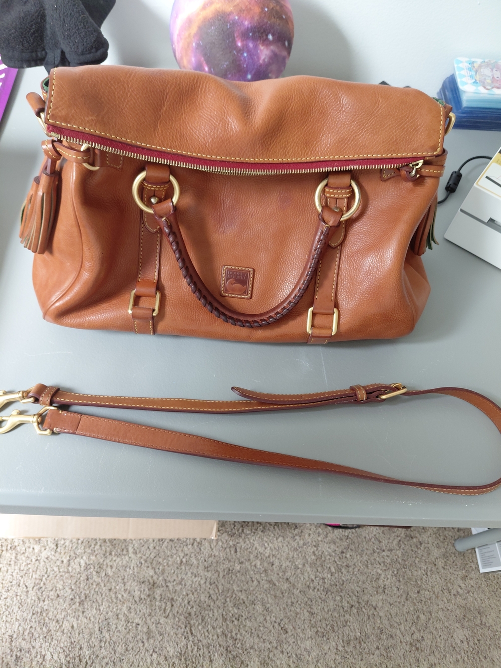 Dooney & Bourke Cognac Leather Fold-Over Satchel with Detachable Strap